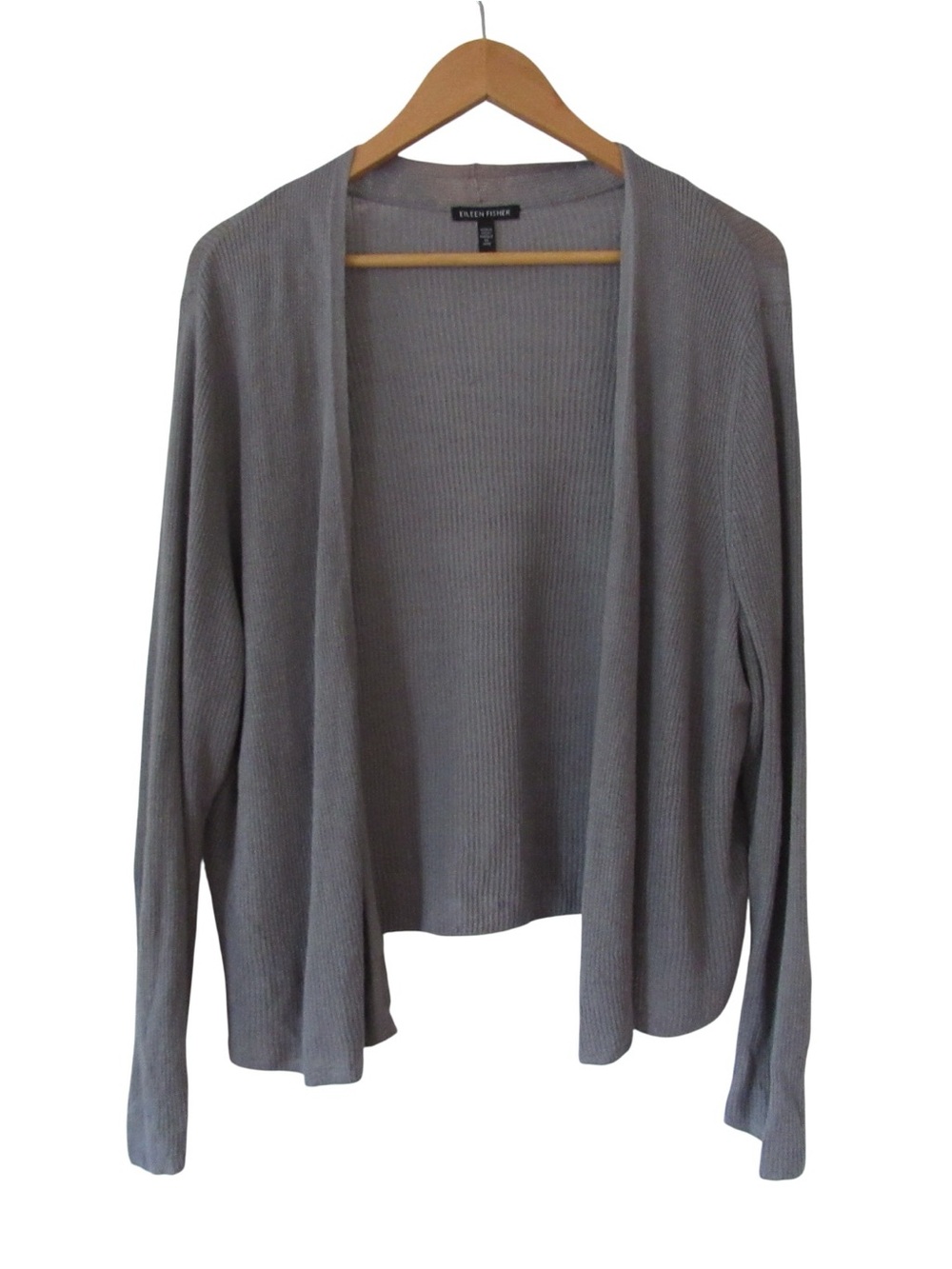 Eileen Fisher Gray Ribbed Knit Cardigan Sweater XL Open Front Minimalist FLAW